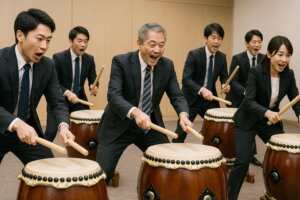 和太鼓体験で基本練習をする企業参加者